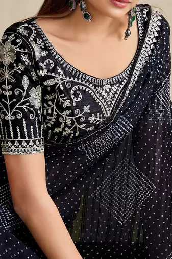 black moss chiffon silk blend bandhani printed saree with embroidered lace boarder with blouse 