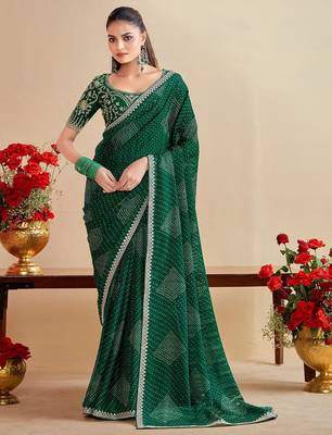 green moss chiffon silk blend bandhani printed saree with embroidered lace boarder with blouse  1