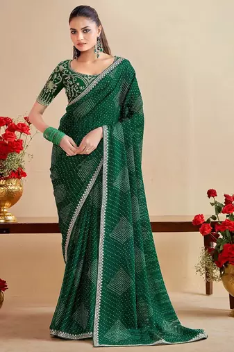 green moss chiffon silk blend bandhani printed saree with embroidered lace boarder with blouse 