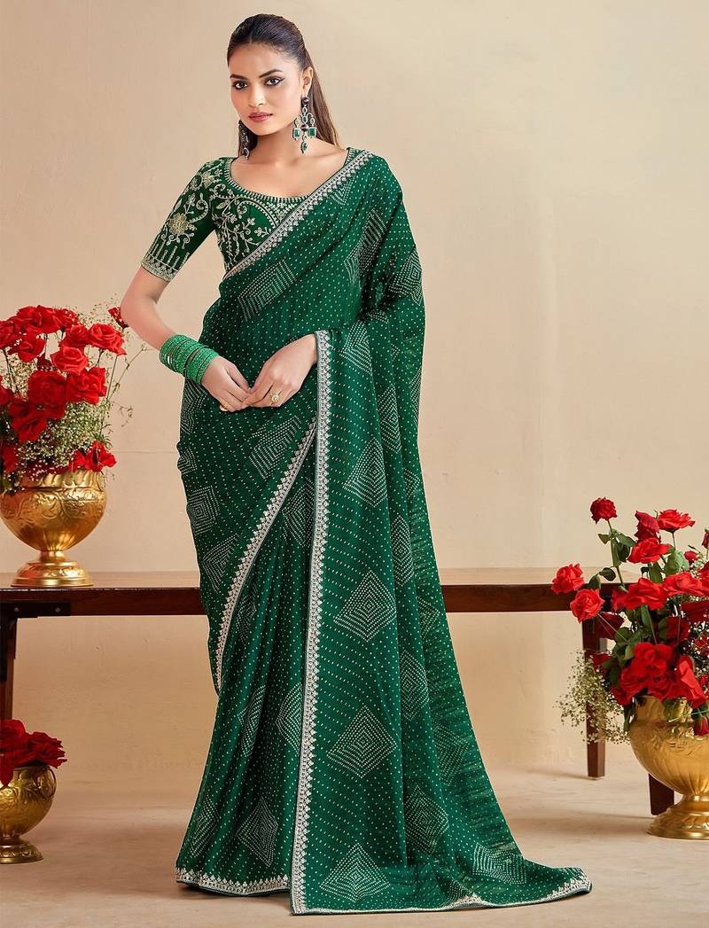 green moss chiffon silk blend bandhani printed saree with embroidered lace boarder with blouse