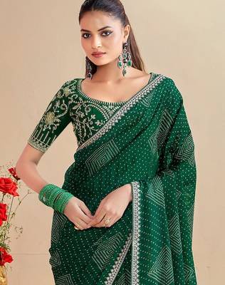 green moss chiffon silk blend bandhani printed saree with embroidered lace boarder with blouse  2