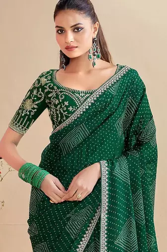 green moss chiffon silk blend bandhani printed saree with embroidered lace boarder with blouse 
