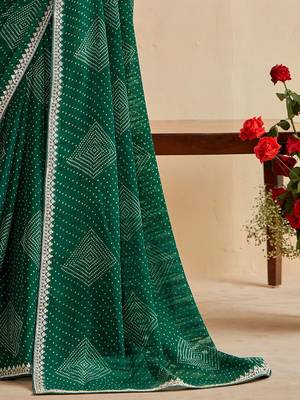 green moss chiffon silk blend bandhani printed saree with embroidered lace boarder with blouse  3