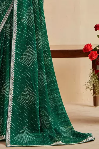 green moss chiffon silk blend bandhani printed saree with embroidered lace boarder with blouse 