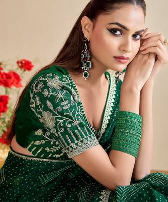 green moss chiffon silk blend bandhani printed saree with embroidered lace boarder with blouse  4