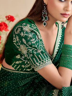 green moss chiffon silk blend bandhani printed saree with embroidered lace boarder with blouse  5