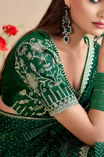 green moss chiffon silk blend bandhani printed saree with embroidered lace boarder with blouse 
