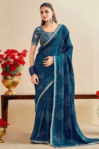 teal moss chiffon silk blend bandhani printed saree with embroidered lace boarder with blouse 