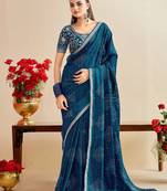 teal moss chiffon silk blend bandhani printed saree with embroidered lace boarder with blouse 