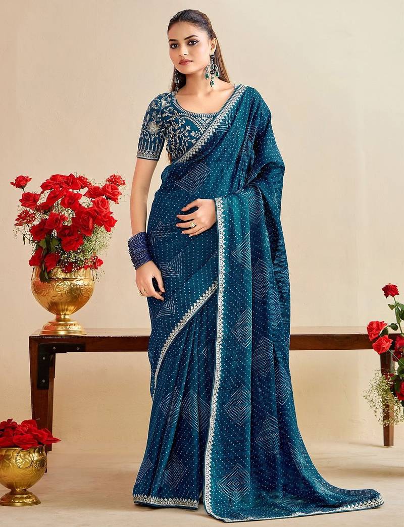 teal moss chiffon silk blend bandhani printed saree with embroidered lace boarder with blouse