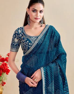 teal moss chiffon silk blend bandhani printed saree with embroidered lace boarder with blouse  2