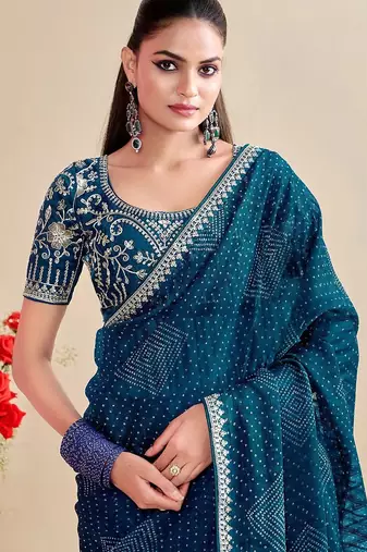 teal moss chiffon silk blend bandhani printed saree with embroidered lace boarder with blouse 