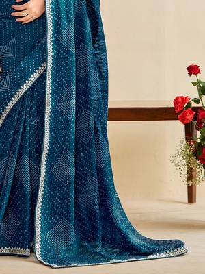 teal moss chiffon silk blend bandhani printed saree with embroidered lace boarder with blouse  3