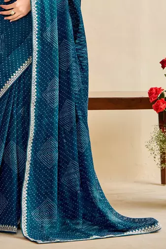 teal moss chiffon silk blend bandhani printed saree with embroidered lace boarder with blouse 