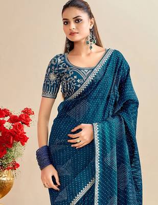 teal moss chiffon silk blend bandhani printed saree with embroidered lace boarder with blouse  4