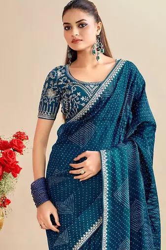 teal moss chiffon silk blend bandhani printed saree with embroidered lace boarder with blouse 