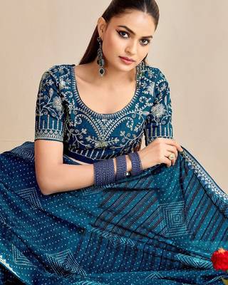 teal moss chiffon silk blend bandhani printed saree with embroidered lace boarder with blouse  5