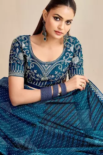 teal moss chiffon silk blend bandhani printed saree with embroidered lace boarder with blouse 