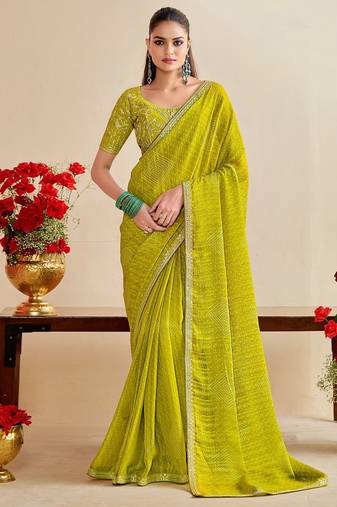 lemon  moss chiffon silk blend bandhani printed saree with embroidered lace boarder with blouse 