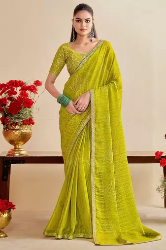 lemon  moss chiffon silk blend bandhani printed saree with embroidered lace boarder with blouse 