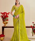lemon moss chiffon silk blend bandhani printed saree with embroidered lace boarder with blouse 