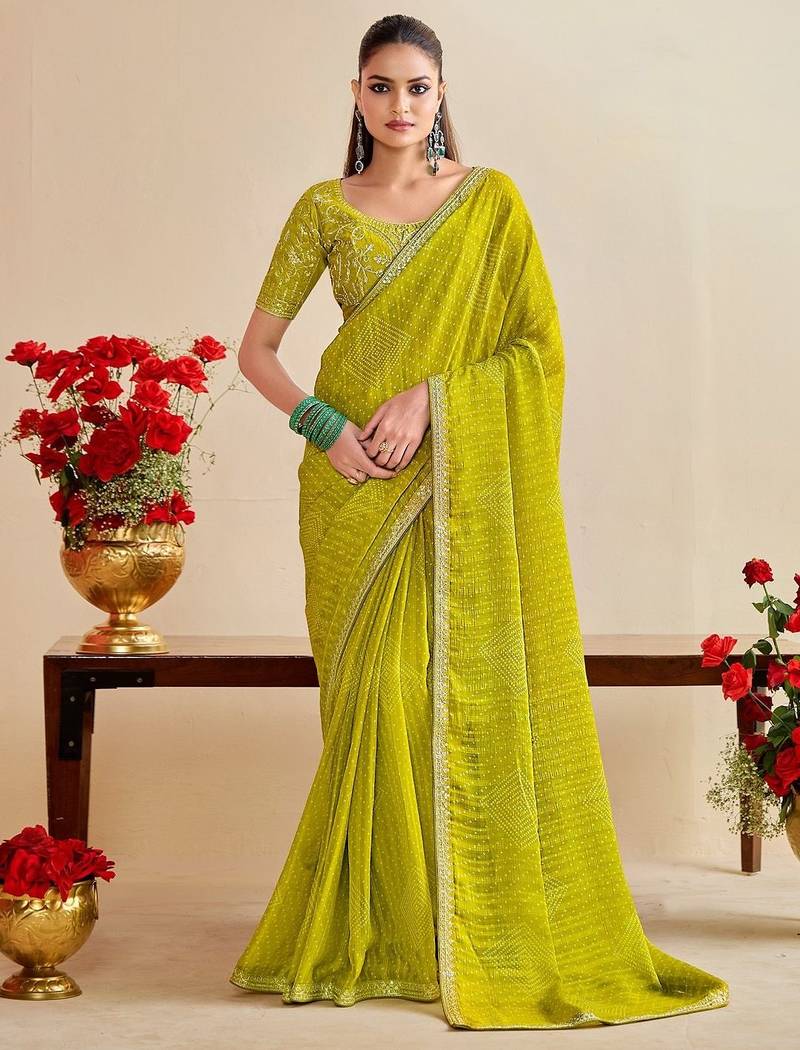 lemon  moss chiffon silk blend bandhani printed saree with embroidered lace boarder with blouse