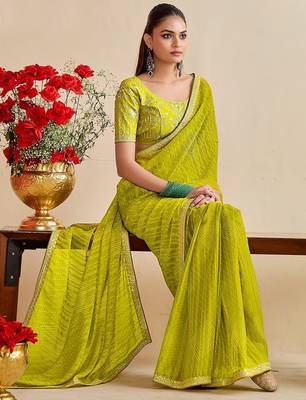lemon moss chiffon silk blend bandhani printed saree with embroidered lace boarder with blouse  2