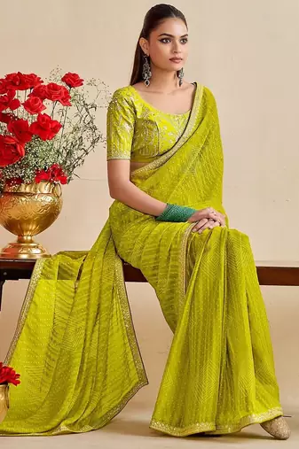 lemon moss chiffon silk blend bandhani printed saree with embroidered lace boarder with blouse 