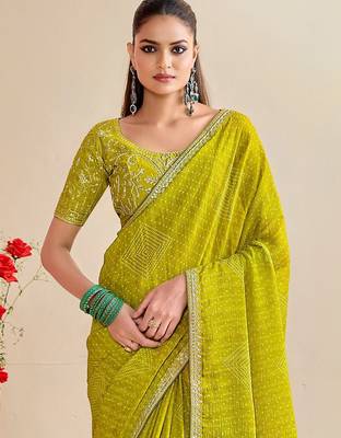lemon moss chiffon silk blend bandhani printed saree with embroidered lace boarder with blouse  3