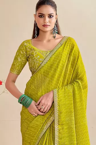 lemon moss chiffon silk blend bandhani printed saree with embroidered lace boarder with blouse 