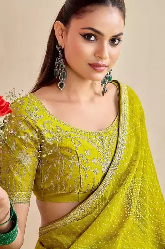 lemon moss chiffon silk blend bandhani printed saree with embroidered lace boarder with blouse 