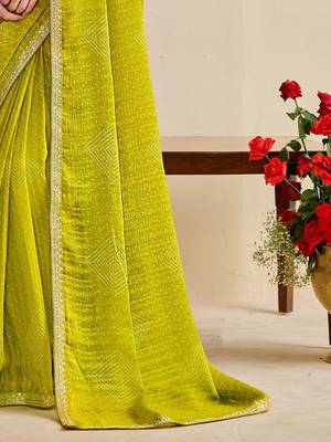 lemon moss chiffon silk blend bandhani printed saree with embroidered lace boarder with blouse  5