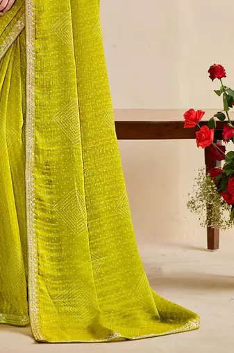 lemon moss chiffon silk blend bandhani printed saree with embroidered lace boarder with blouse 