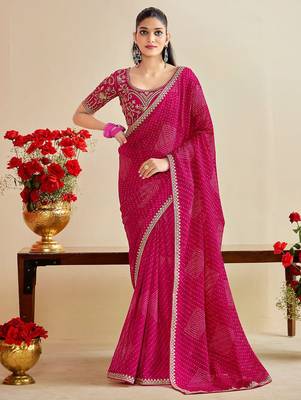 rani pink moss chiffon silk blend bandhani printed saree with embroidered lace boarder with blouse  1
