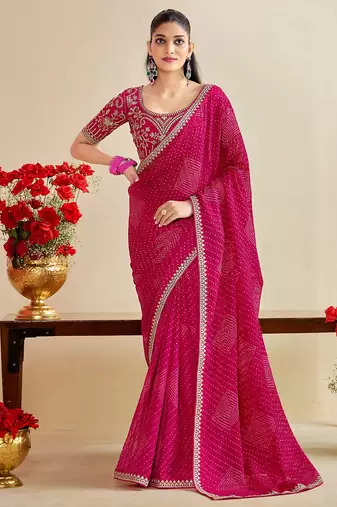 rani pink moss chiffon silk blend bandhani printed saree with embroidered lace boarder with blouse 