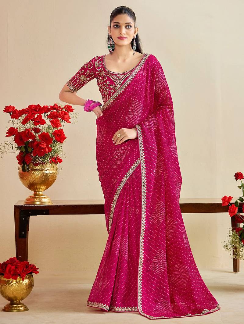 rani pink moss chiffon silk blend bandhani printed saree with embroidered lace boarder with blouse