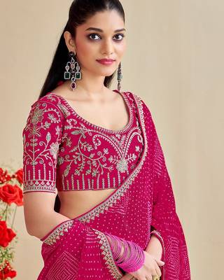 rani pink moss chiffon silk blend bandhani printed saree with embroidered lace boarder with blouse  2