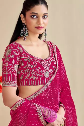 rani pink moss chiffon silk blend bandhani printed saree with embroidered lace boarder with blouse 