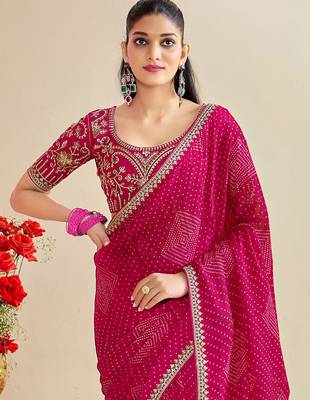 rani pink moss chiffon silk blend bandhani printed saree with embroidered lace boarder with blouse  3