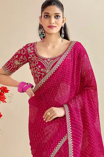 rani pink moss chiffon silk blend bandhani printed saree with embroidered lace boarder with blouse 