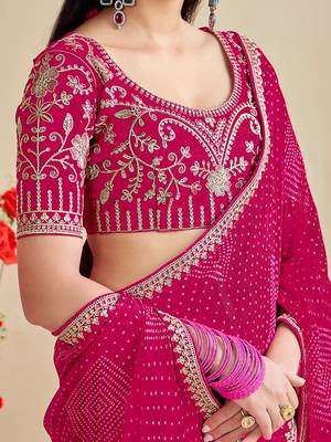 rani pink moss chiffon silk blend bandhani printed saree with embroidered lace boarder with blouse  4