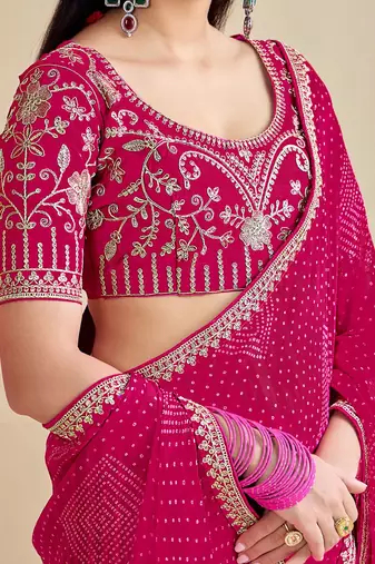 rani pink moss chiffon silk blend bandhani printed saree with embroidered lace boarder with blouse 