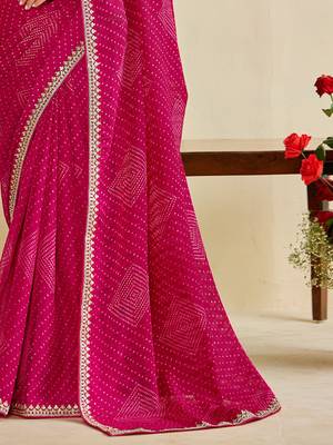 rani pink moss chiffon silk blend bandhani printed saree with embroidered lace boarder with blouse  5