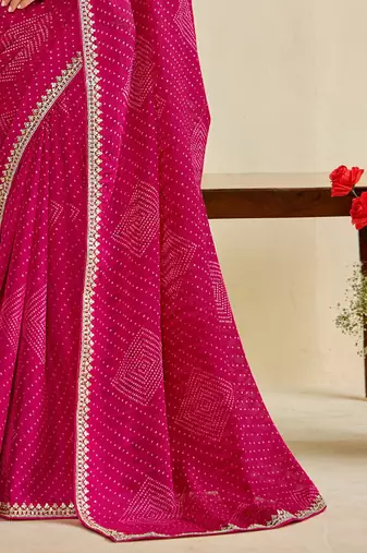 rani pink moss chiffon silk blend bandhani printed saree with embroidered lace boarder with blouse 