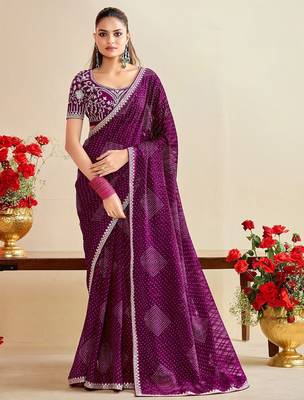 purple moss chiffon silk blend bandhani printed saree with embroidered lace boarder with blouse  1