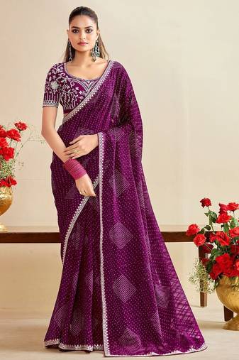 purple moss chiffon silk blend bandhani printed saree with embroidered lace boarder with blouse 