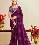 purple moss chiffon silk blend bandhani printed saree with embroidered lace boarder with blouse 