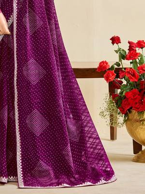 purple moss chiffon silk blend bandhani printed saree with embroidered lace boarder with blouse  3
