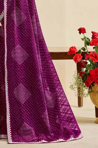purple moss chiffon silk blend bandhani printed saree with embroidered lace boarder with blouse 