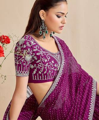 purple moss chiffon silk blend bandhani printed saree with embroidered lace boarder with blouse  4